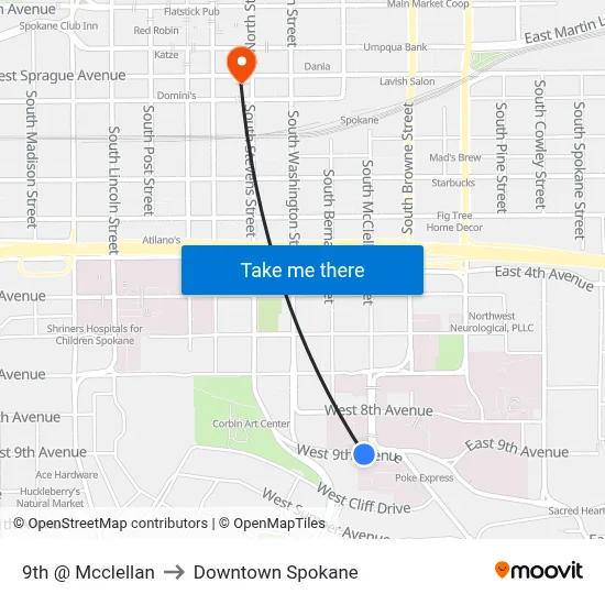 9th @ Mcclellan to Downtown Spokane map