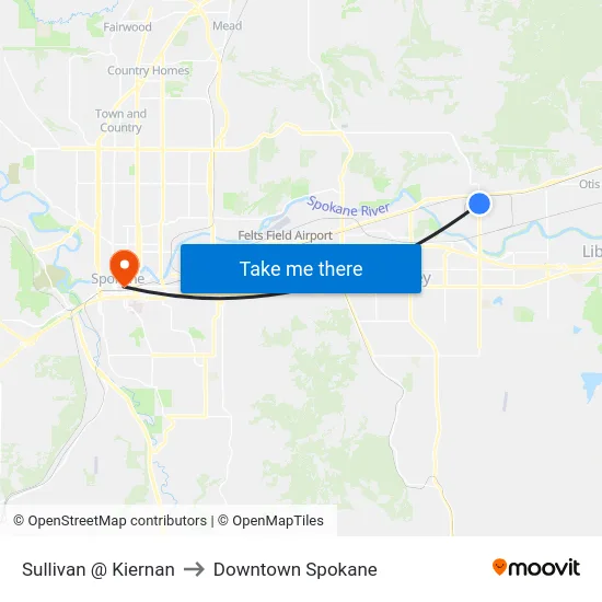 Sullivan @ Kiernan to Downtown Spokane map