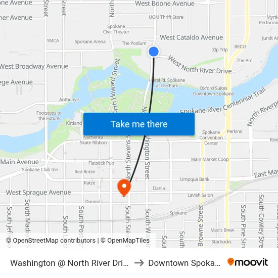 Washington @ North River Drive to Downtown Spokane map