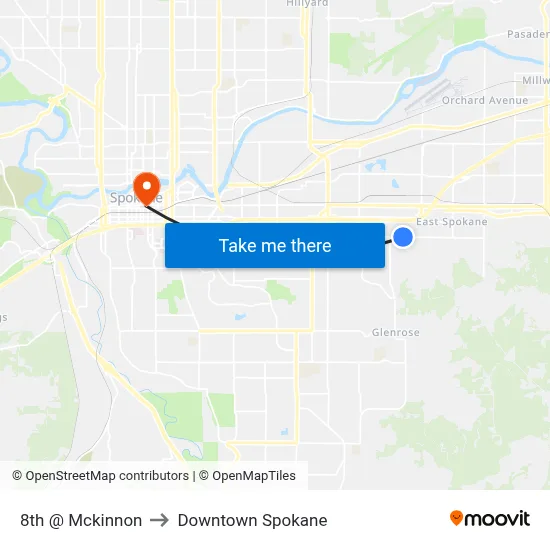 8th @ Mckinnon to Downtown Spokane map