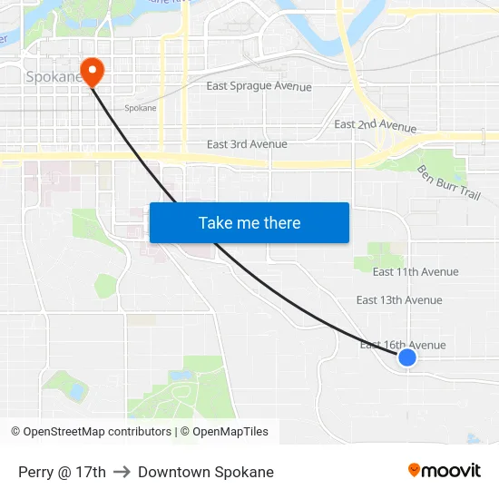 Perry @ 17th to Downtown Spokane map
