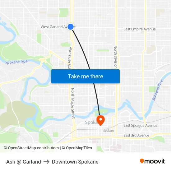 Ash @ Garland to Downtown Spokane map