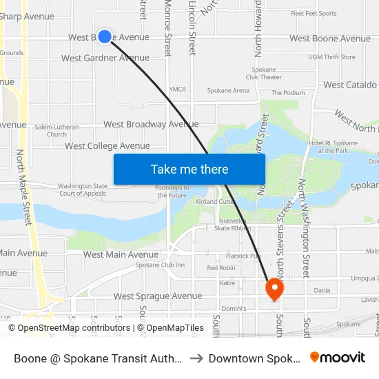 Boone @ Spokane Transit Authority to Downtown Spokane map