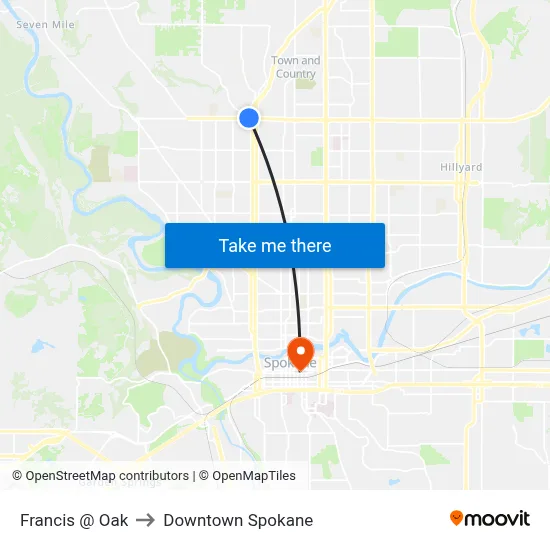 Francis @ Oak to Downtown Spokane map