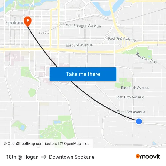 18th @ Hogan to Downtown Spokane map