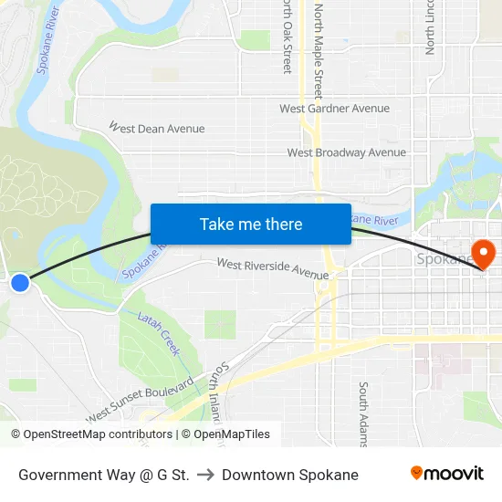 Government Way @ G St. to Downtown Spokane map