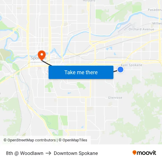 8th @ Woodlawn to Downtown Spokane map
