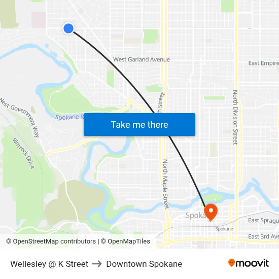Wellesley @ K Street to Downtown Spokane map