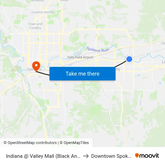 Indiana @ Valley Mall (Black Angus) to Downtown Spokane map