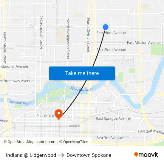 Indiana @ Lidgerwood to Downtown Spokane map