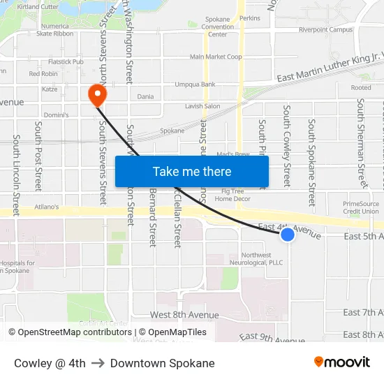 Cowley @ 4th to Downtown Spokane map