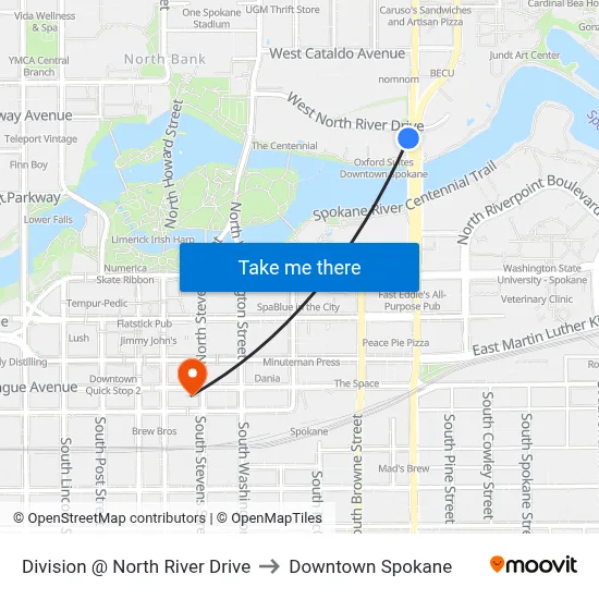 Division @ North River Drive to Downtown Spokane map