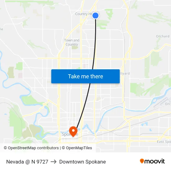 Nevada @ N 9727 to Downtown Spokane map