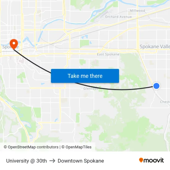 University @ 30th to Downtown Spokane map