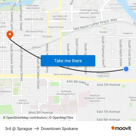 3rd @ Sprague to Downtown Spokane map