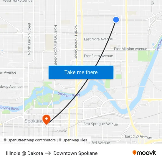 Illinois @ Dakota to Downtown Spokane map