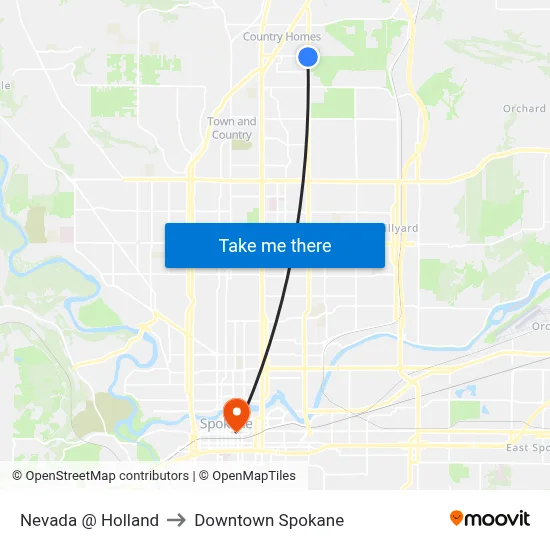 Nevada @ Holland to Downtown Spokane map