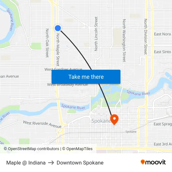 Maple @ Indiana to Downtown Spokane map