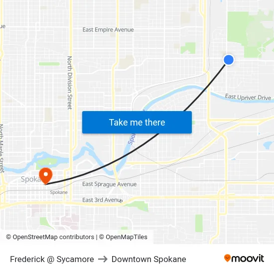 Frederick @ Sycamore to Downtown Spokane map