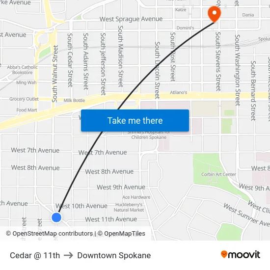 Cedar @ 11th to Downtown Spokane map