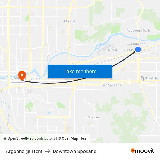 Argonne @ Trent to Downtown Spokane map
