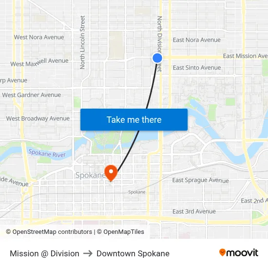 Mission @ Division to Downtown Spokane map