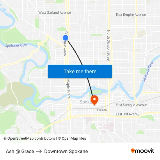 Ash @ Grace to Downtown Spokane map