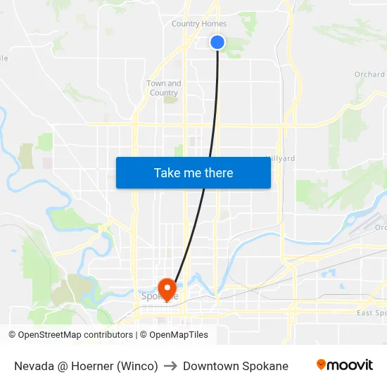 Nevada @ Hoerner (Winco) to Downtown Spokane map