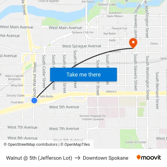 Walnut @ 5th (Jefferson Lot) to Downtown Spokane map