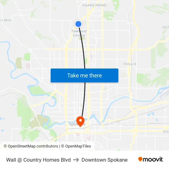 Wall @ Country Homes Blvd to Downtown Spokane map