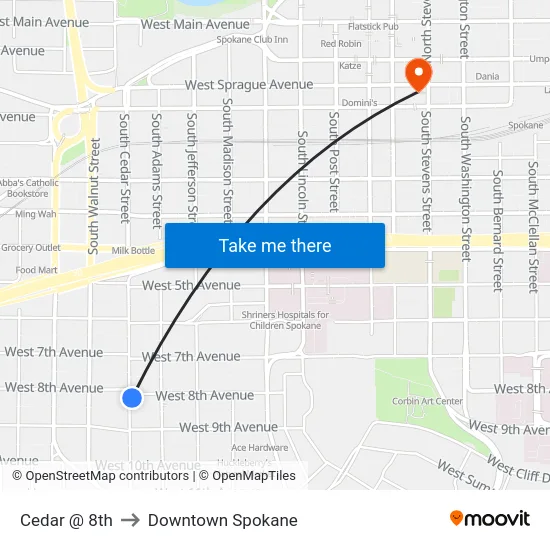Cedar @ 8th to Downtown Spokane map