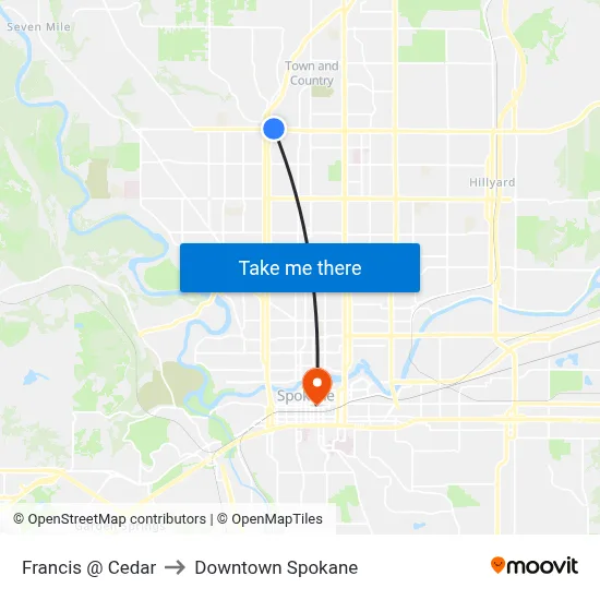 Francis @ Cedar to Downtown Spokane map