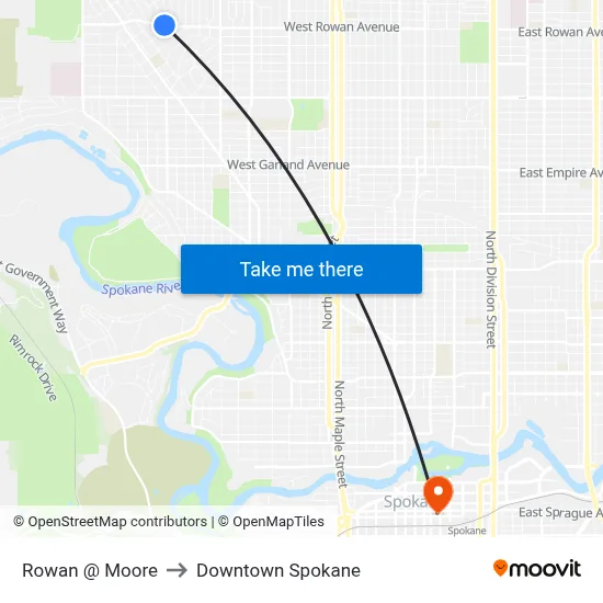 Rowan @ Moore to Downtown Spokane map
