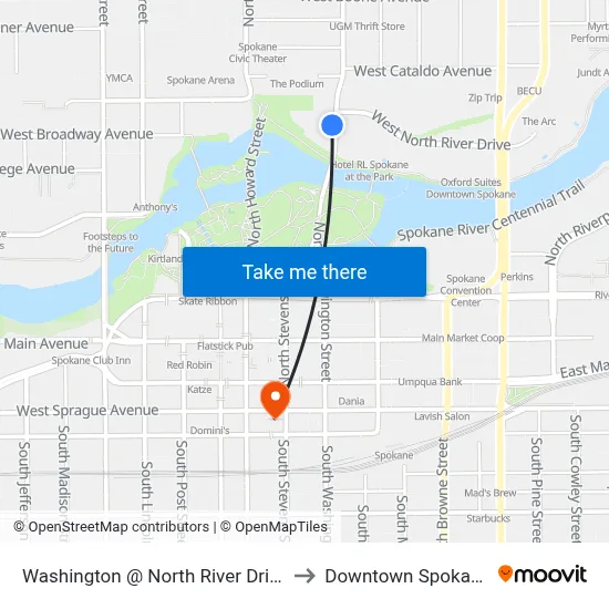 Washington @ North River Drive to Downtown Spokane map