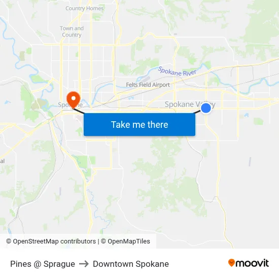 Pines @ Sprague to Downtown Spokane map