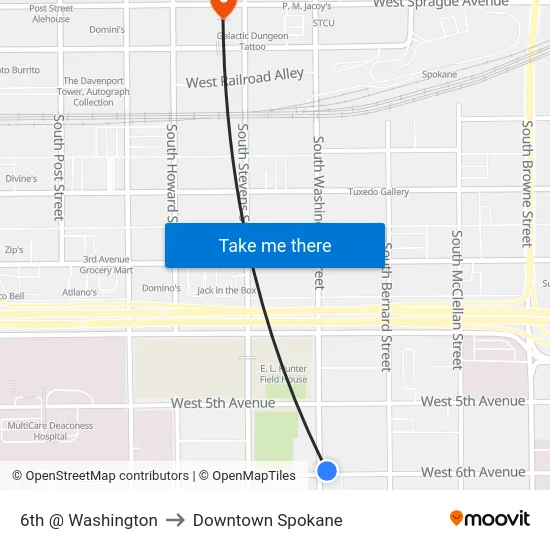 6th @ Washington to Downtown Spokane map
