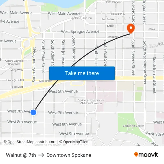 Walnut @ 7th to Downtown Spokane map