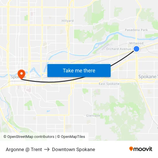 Argonne @ Trent to Downtown Spokane map
