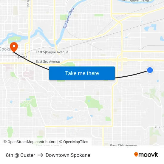 8th @ Custer to Downtown Spokane map