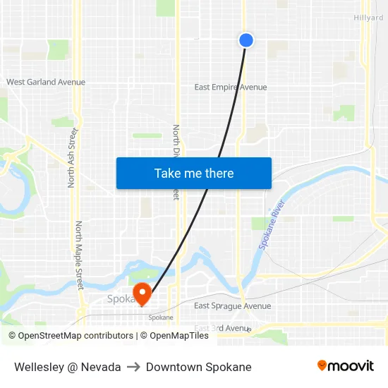 Wellesley @ Nevada to Downtown Spokane map