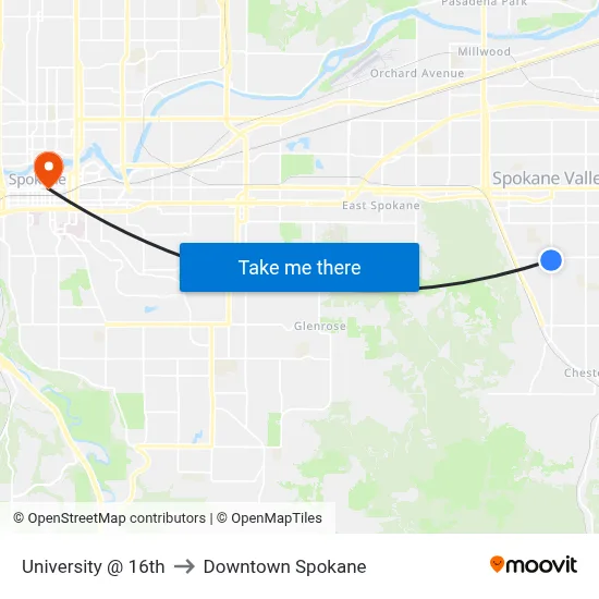 University @ 16th to Downtown Spokane map