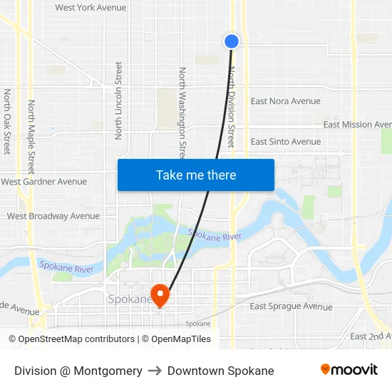 Division @ Montgomery to Downtown Spokane map