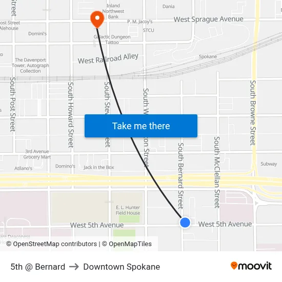 5th @ Bernard to Downtown Spokane map