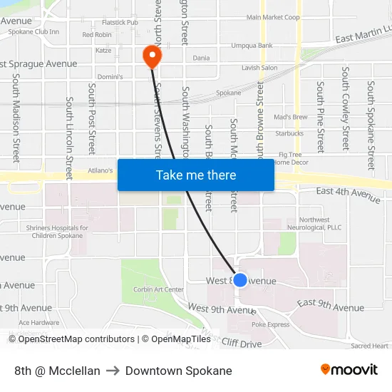 8th @ Mcclellan to Downtown Spokane map