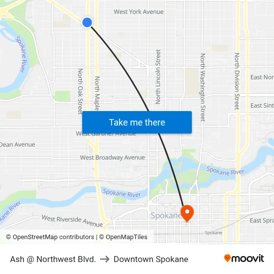 Ash @ Northwest Blvd. to Downtown Spokane map