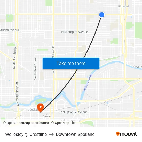 Wellesley @ Crestline to Downtown Spokane map