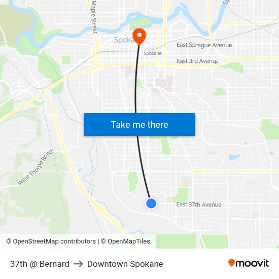 37th @ Bernard to Downtown Spokane map