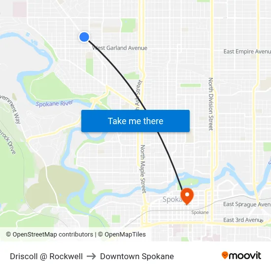 Driscoll @ Rockwell to Downtown Spokane map