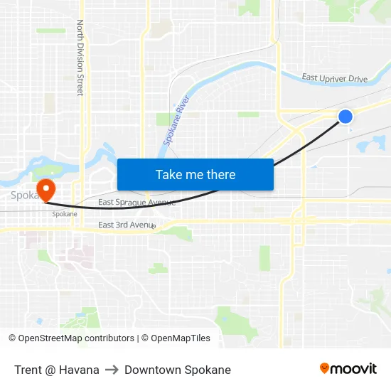 Trent @ Havana to Downtown Spokane map