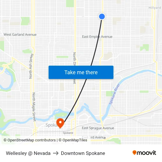 Wellesley @ Nevada to Downtown Spokane map